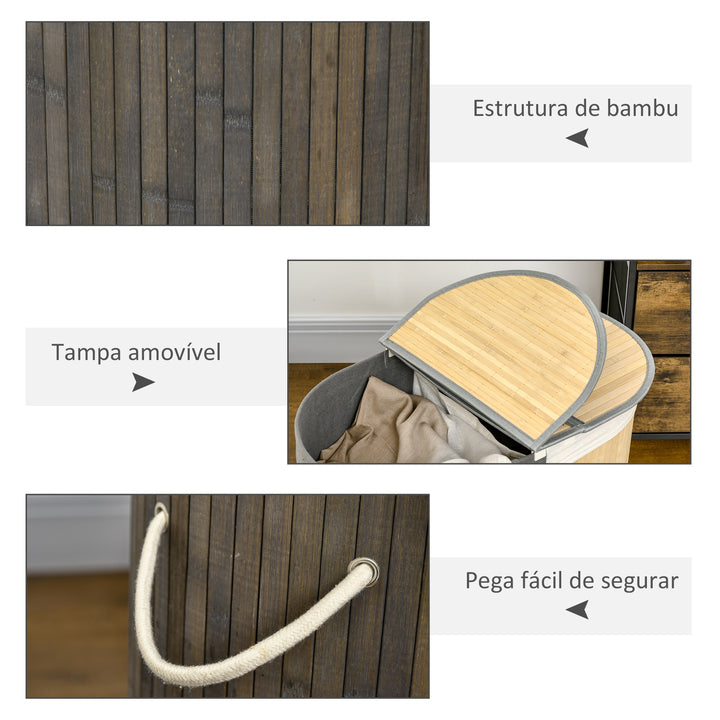 Cesto de Roupa Suja de Bambu Capacidade de 100L Cesto para Roupa Suja com Tampa Rebatível e Bolsa com 2 Compartimentos Amovível 62,5x37x60,5cm Cinza e Madeira