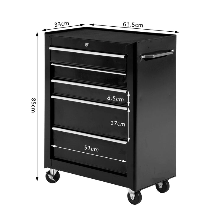 Carrinho de ferramentas com 5 gavetas para oficina - Preto - Chapa de aço - 61,5 × 33 × 85 cm (CxLxA)