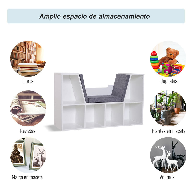 Estante com Assento 6 prateleiras em forma de cubo Livraria Infantil Original Sapateiro com Almofada Prateleira com bancada Multifinal 102x30x61cm