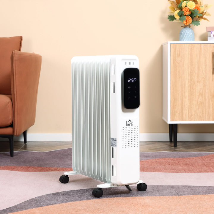 Radiador a Óleo 2290/2720W com 3 Modos de Aquecimento Tela LED Controle Tátil Termostato Temporizador 24H e Rodas Baixo Consumo para 20m² 50,5x24x63cm Branco