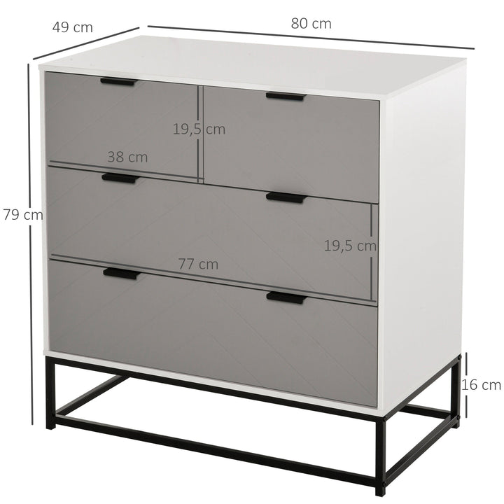 Cômoda tipo aparador com 4 gavetas base elevada e desenho anti derrapante 80x40x79 cm Branco Cinzento e Preto