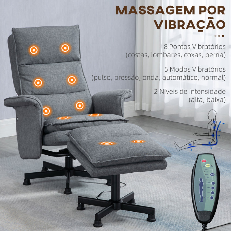 Poltrona Relax com Massagem e Apoio para os Pés Poltrona de Massagem Estofada em Linho com Controlo Remoto e 8 Áreas de Massagem Carga Máxima 120kg 78x81x99cm Cinza