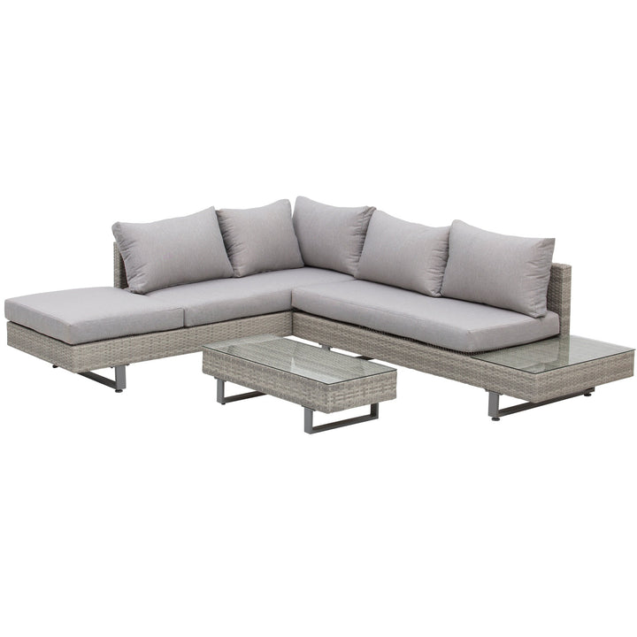 Conjunto de móveis de vime de 3 peças, mesa de centro, sofá duplo e sofá de 3 lugares com almofadas removíveis para terraço jardim e pátio Aço Cinza