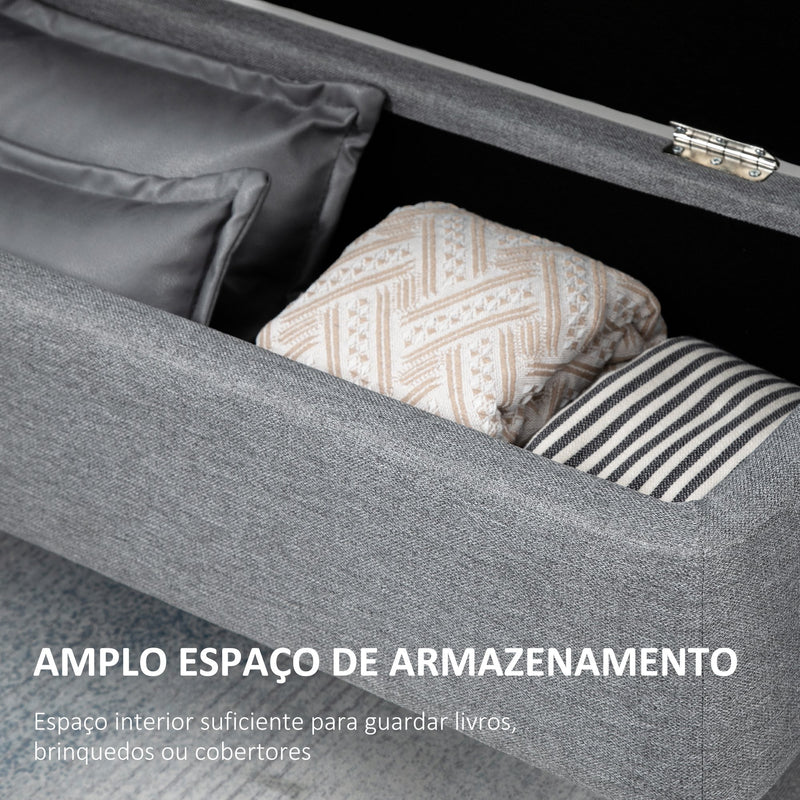 Banco de Armazenamento Estofado em Linho com Tampa Abatível e Pés de Aço para Dormitório Sala de Estar Entrada Carga Máxima 150kg 102x40x39,5cm Cinza