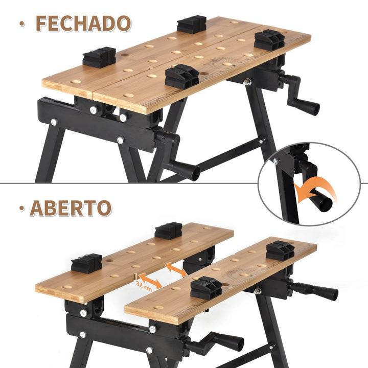 Bancada de Trabalho Dobrável Portátil com Placas Ajustáveis em Ângulo e Distância Bambú e Aço Carga Máx. 150kg 63,5x60x5x78cm Madeira Natural e Preto