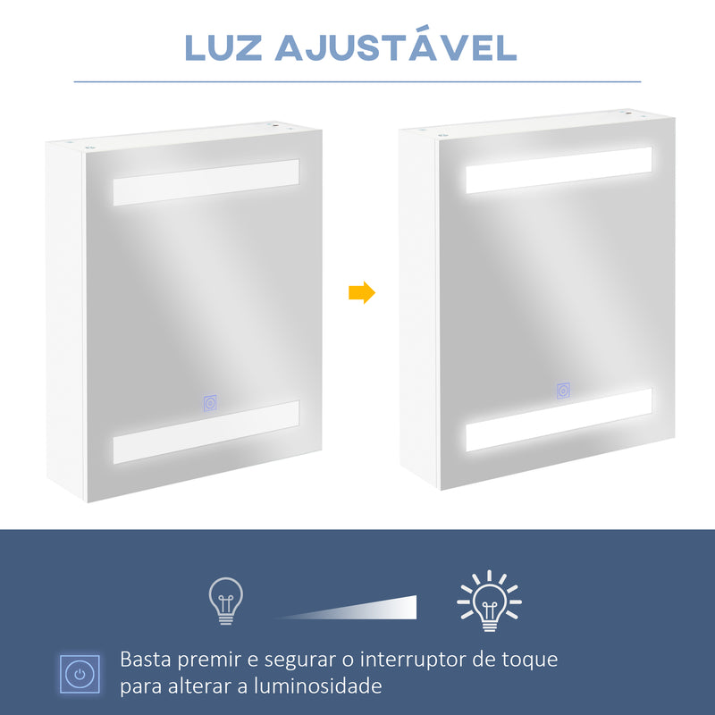 Armário Casa de Banho com Espelho e Luz LED Armário com Espelho com 2 Prateleiras de Armazenamento e Interruptor Tátil 550x15x60 cm Branco