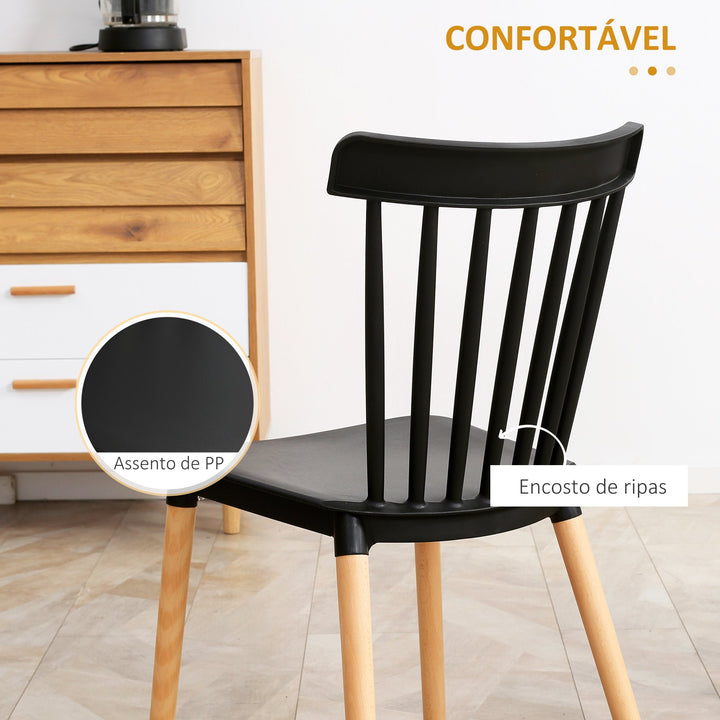 Conjunto de 4 Cadeiras Estilo Nórdico Cadeiras de Cozinha com Encosto Alto Assento de Polipropileno e Pés de Madeira de Faia Carga Máx. 120kg 43x52,5x83cm Preto e Madeira