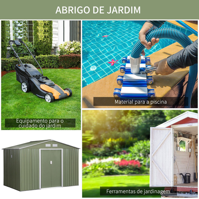 Abrigo de Jardim Exterior Abrigo e Jardim Metálico para Armazenamento de Ferramentas com Base Incluída e 4 Janelas 5,2 m² 277x195x192cm Verde Claro