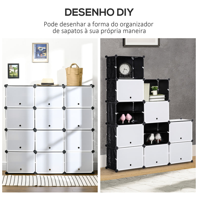 Armário Modular de Plástico Armário Portátil com 12 Cubos Organizadores de Sapatos Roupas Brinquedos para Entrada Corredor Dormitório 125x32x125cm Branco e Preto