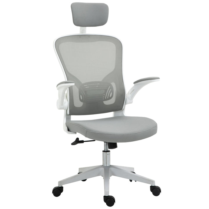 Cadeira de Escritório de Malha Ergonómica Cadeira de Escritório com Altura Ajustável Apoio para os Braços Dobrável Apoio para a Cabeça e Suporte Lombar Ajustáveis 65x64x114-122cm Cinza