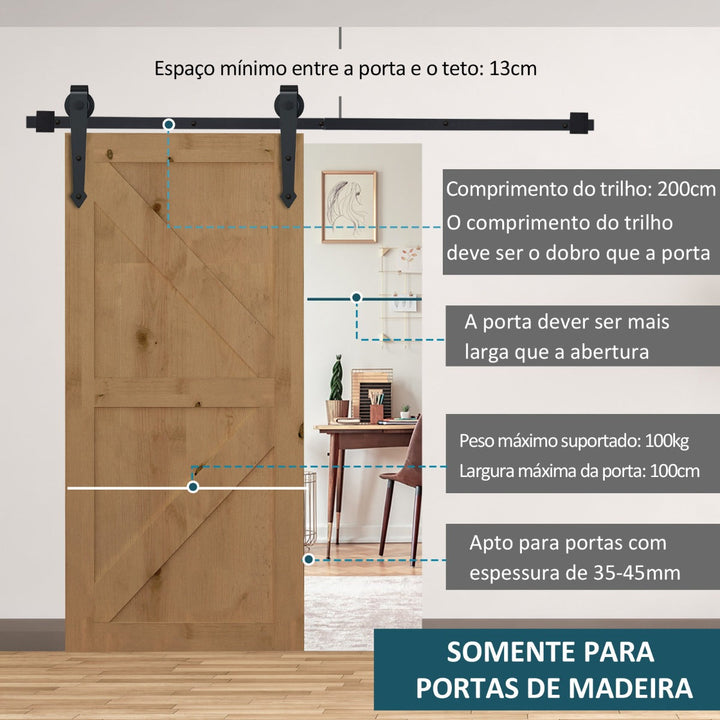 200cm/6.6T Ferragens para Porta Corredeira Tipo Flecha Kit de Acessórios para Porta Corredeira de Madeira com Guia de Chão Trilho Aço de Carbono Preto
