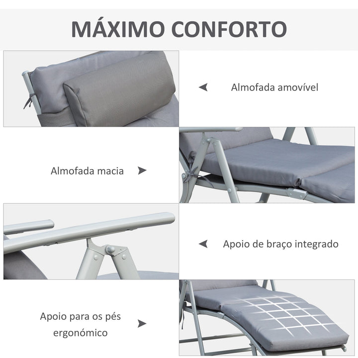 Espreguiçadeira Dobrável de Jardim com Encosto Ajustável em 7 Posições Almofada e Apoio para a Cabeça Acolchoados para Terraço Piscina Exterior Carga Máxima 165kg 137x63,5x100,5cm Cinza