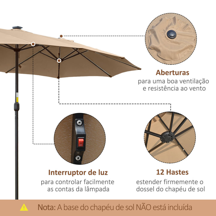 Chapéu de Sol Duplo de Jardim com 48 Luzes LED Solar 450x265x240cm Chapéu de Sol de Exterior com Manivela Proteção Solar para Terraço Balcão Piscina Cáqui