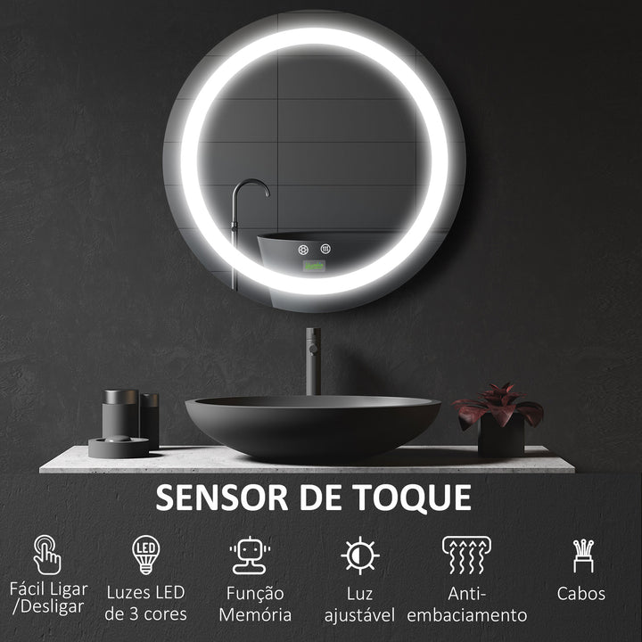 Espelho Casa de Banho com Luz LED Ø50x4,6cm Espelho Redondo de Parede com Interruptor Tátil 3 Luzes Ajustáveis Função de Memória e Anti-Embaciamento Estrutura de Alumínio Prata