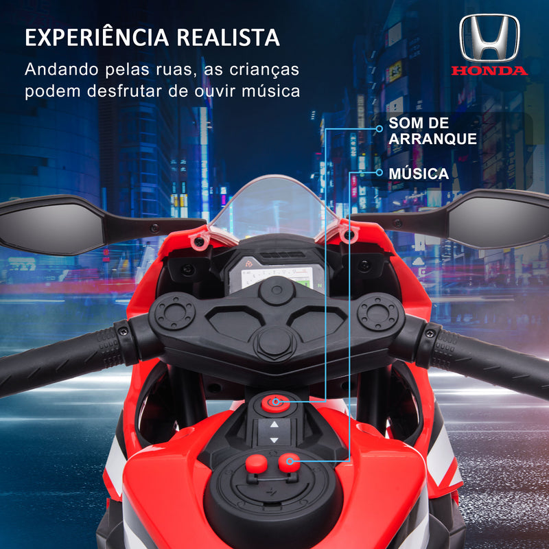 Mota Elétrica com Licença HONDA para Crianças de 3-5 Anos Mota a Bateria 6V com Farol Buzina Música e Rodas Auxiliares Removíveis Carga Máxima 30kg 90x44x52cm Vermelho