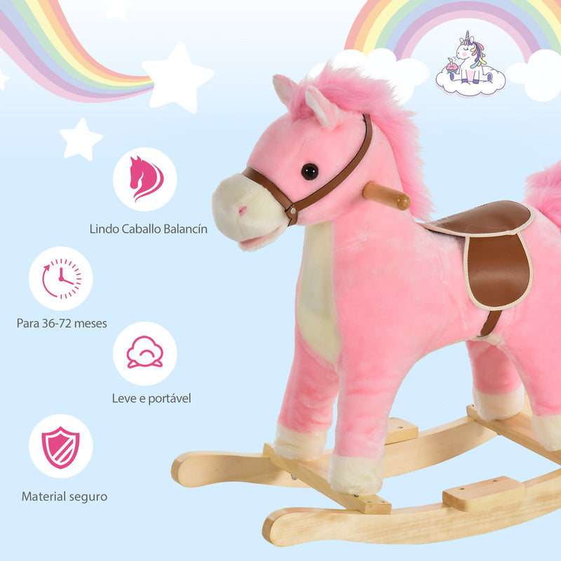 Cavalo de balanço para crianças acima de 36 meses Com boca e cauda móveis Música 65x32,5x61 cm Rosa