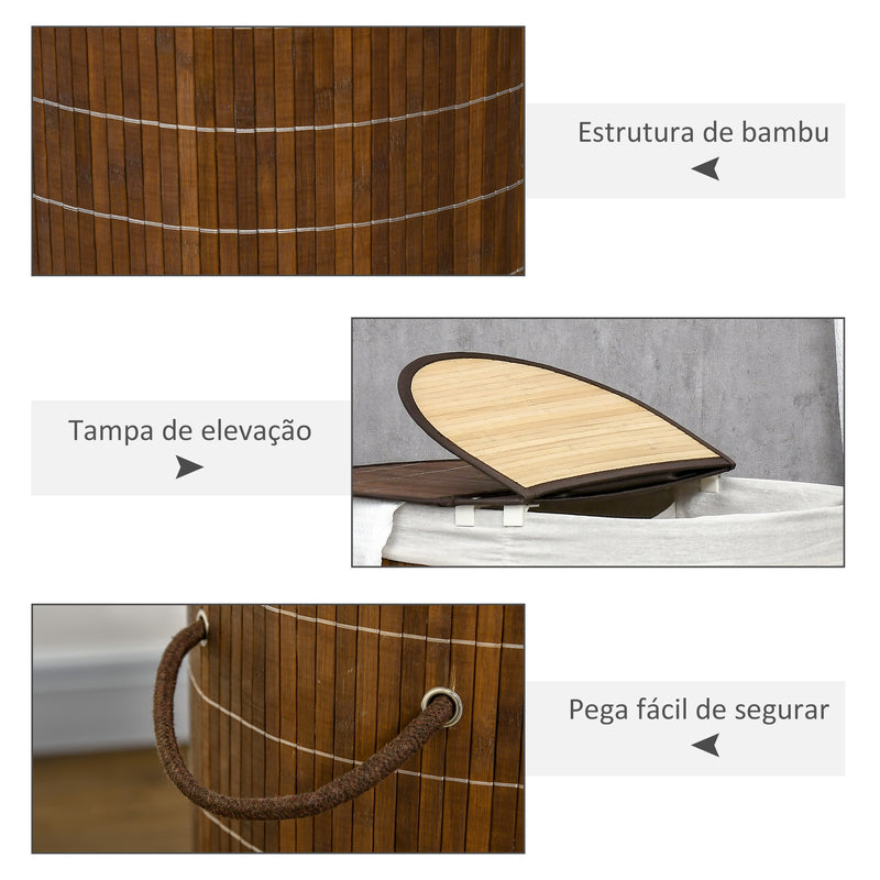 Cesto de Roupa de Bambu Capacidade de 100L Cesto para Roupa Suja com Tampa Rebatível e Bolsa com 2 Compartimentos Amovível 62,5x37x60,5cm Marrom