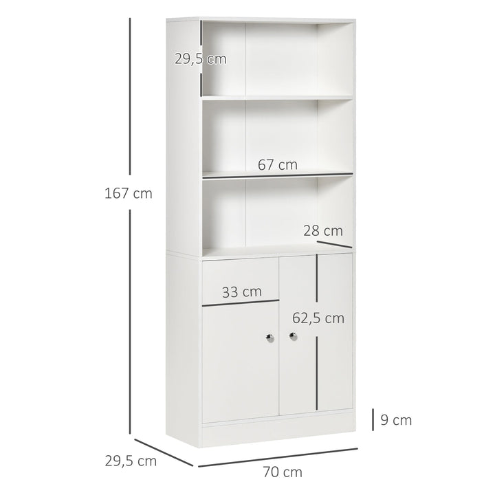 Estante para Livros com 3 Compartimentos Abertos e 1 Armário com Prateleira Ajustável Armazenamento para Sala de Estar Escritório 70x29,5x167 Branco