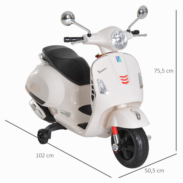 Mota elétrica vespa para crianças acima de 3 anos bateria 6V com musica faroie e rodas auxiliares Carga 25 kg branco