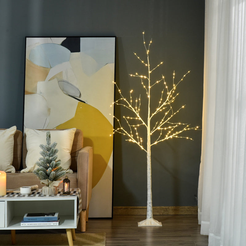 Árvore de Bétula 150cm de Altura com 210 Luzes LED em Branco Quente Ramos Flexíveis e Base para Decoração de Festas Aniversários Casamentos 20x20x150cm Branco