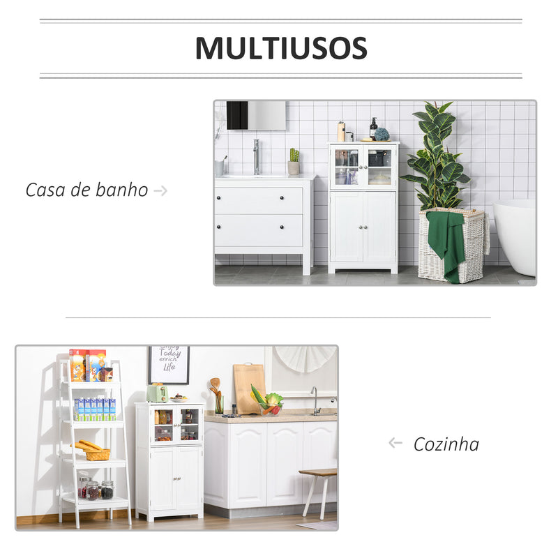 Armário Casa de Banho Móvel Auxiliar com Portas de Vidro Temperado e Prateleiras Ajustáveis para Cozinha Sala de Jantar Sala de Estar 60x30x108,5cm Branco