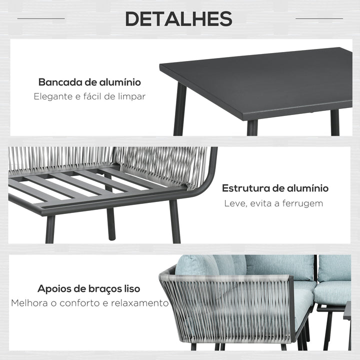 Conjunto de Móveis de Vime 4 Peças Conjunto de Móveis de Jardim 2 Sofás de 2 Lugares Sofá de Canto Mesa de Centro com 6 Almofadas e Estrutura de Alumínio para Varanda Pátio Cinza
