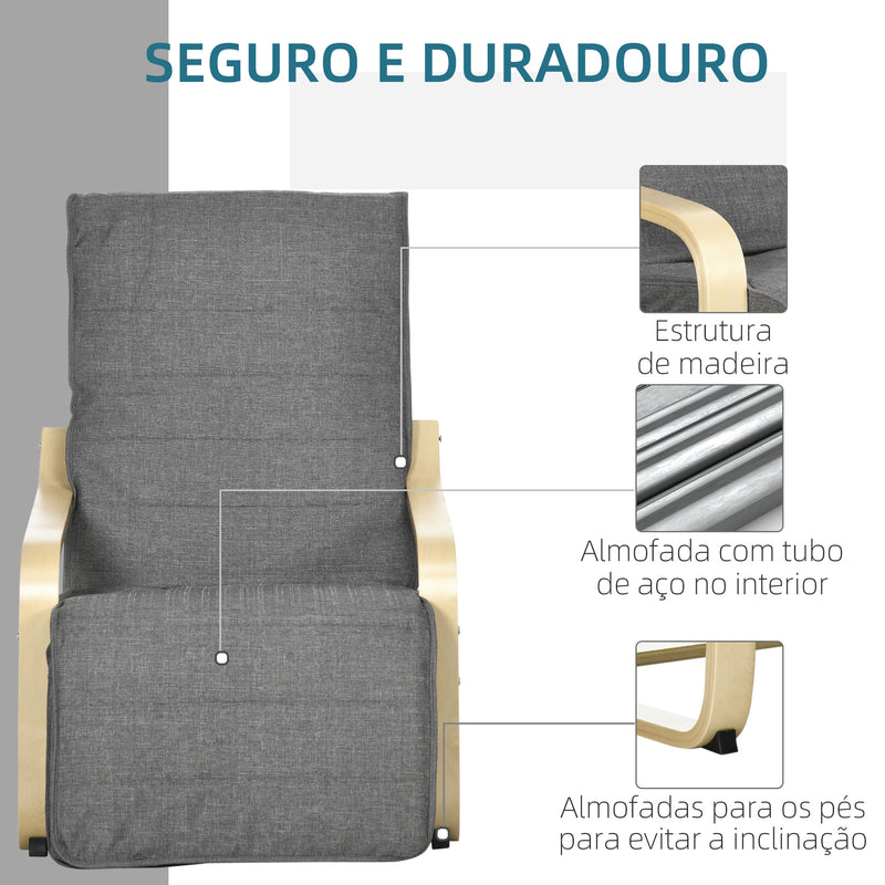 Poltrona Relax com Apoio para os Pés Ajustável Poltrona para Sala de Estar Estofada em Tecido com Estrutura de Madeira Carga 120 kg para Escritório Estúdio Dormitório 66,5x94x100 cm Cinza