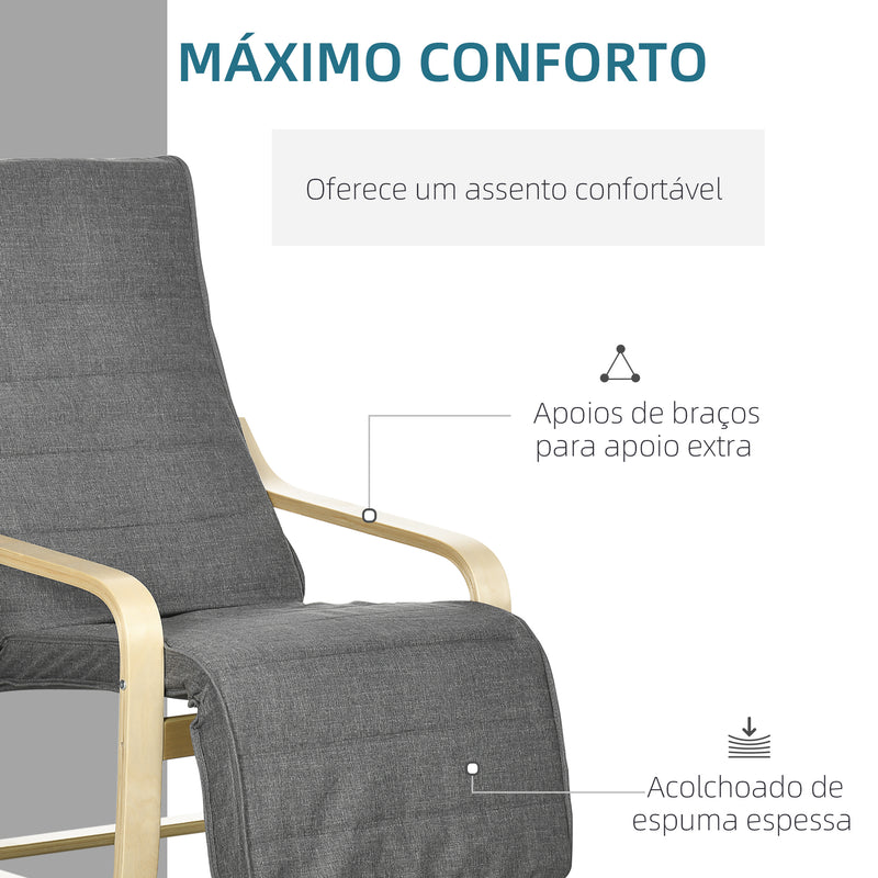 Poltrona Relax com Apoio para os Pés Ajustável Poltrona para Sala de Estar Estofada em Tecido com Estrutura de Madeira Carga 120 kg para Escritório Estúdio Dormitório 66,5x94x100 cm Cinza