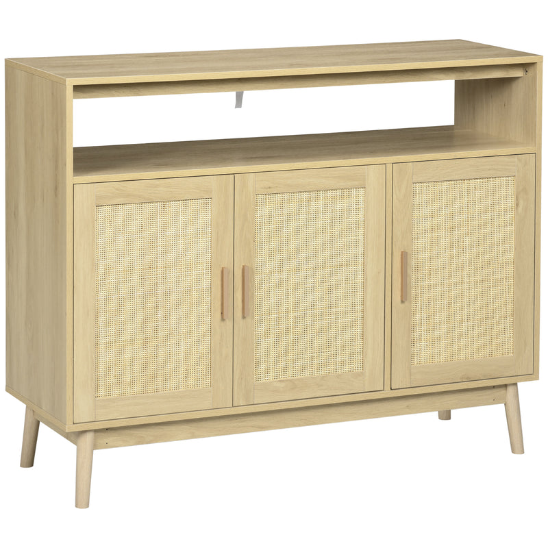 Aparador Sala de Estar de Estilo Cannage Móvel Buffet Auxiliar com 3 Portas de Vime Prateleiras Ajustáveis e Pés de Madeira para Sala de Estar Sala de Jantar 120x40x97 cm Madeira