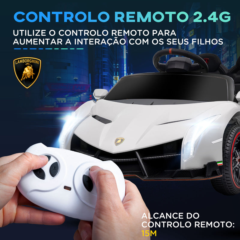 Carro Elétrico Lamborghini para Crianças de 3 a 6 Anos Carro a Bateria 12V Velocidade Máxima 7 km/h com Controlo Remoto MP3 Luzes e Cinto de Segurança 111x61x45 cm Branco