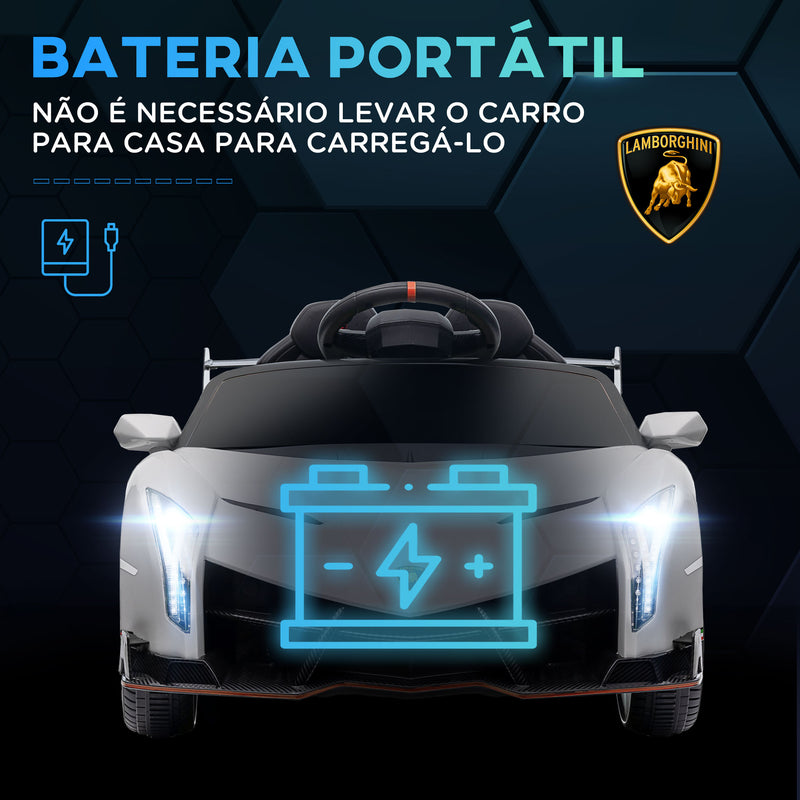 Carro Elétrico Lamborghini para Crianças de 3 a 6 Anos Carro a Bateria 12V Velocidade Máxima 7 km/h com Controlo Remoto MP3 Luzes e Cinto de Segurança 111x61x45 cm Branco