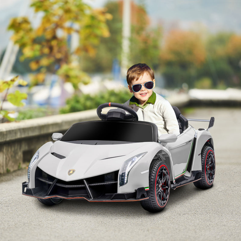 Carro Elétrico Lamborghini para Crianças de 3 a 6 Anos Carro a Bateria 12V Velocidade Máxima 7 km/h com Controlo Remoto MP3 Luzes e Cinto de Segurança 111x61x45 cm Branco