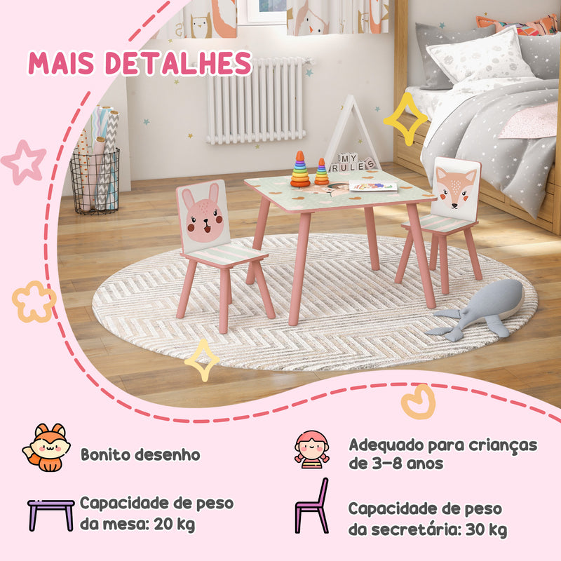 Conjunto de Mesa e Cadeiras para Crianças de 3 Peças Mesa Infantil com 2 Cadeiras Conjunto de Móveis para Atividades com Crianças de 3-8 Anos para Dormitório Sala de Jogos Rosa