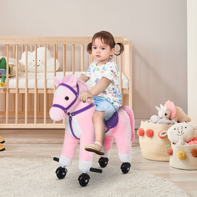 Cavalo para Crianças acima de 36 Meses Cavalo com Rodas Sons de Relincho e Pedais Carga Máxima 60 kg 55x23x60 cm Rosa