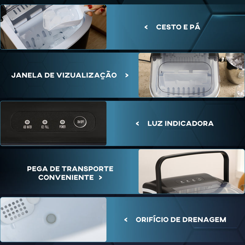 Máquina de Fazer Gelo Silenciosa Máquina de Gelo Doméstica 12 kg em 24 Horas 9 Cubos em 6-12 Minutos Depósito de Água 1,3 L com Pá e Cesto 22,2x29,4x29 cm Preto