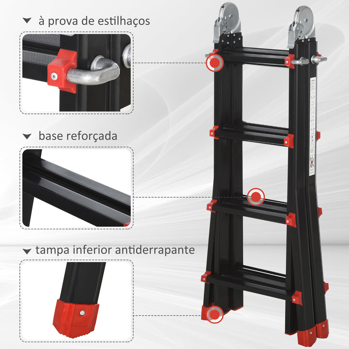 Escada Telescópica de Alumínio 4 m Escada Extensível Dobrável com 4 Degraus Ajustáveis e 2 Formas Escada Multiuso Carga 150 kg Preto e Vermelho