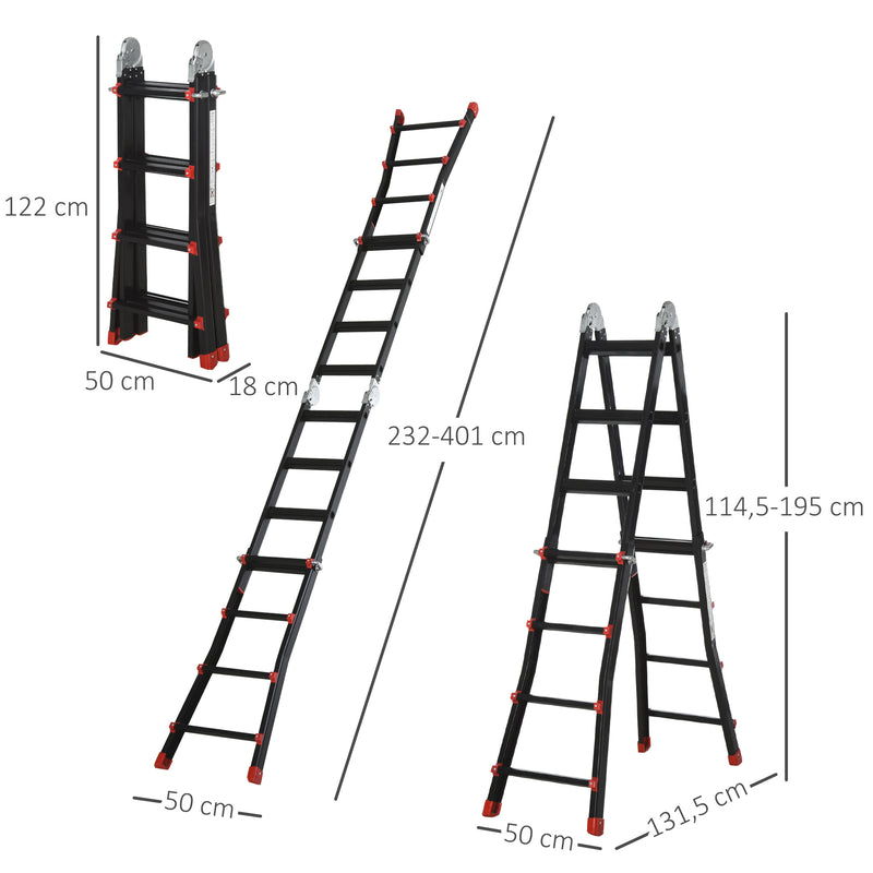 Escada Telescópica de Alumínio 4 m Escada Extensível Dobrável com 4 Degraus Ajustáveis e 2 Formas Escada Multiuso Carga 150 kg Preto e Vermelho