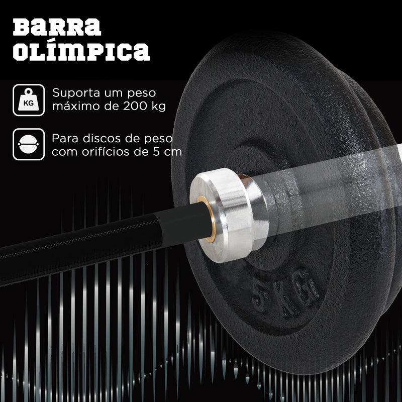 Barra de Pesos de Aço180 cm Ø50 mm com 2 Grampos Carga 200 kg Barra Olimpica para Discos de Ø5 cm Treino em Ginásio Casa Prata e Preto