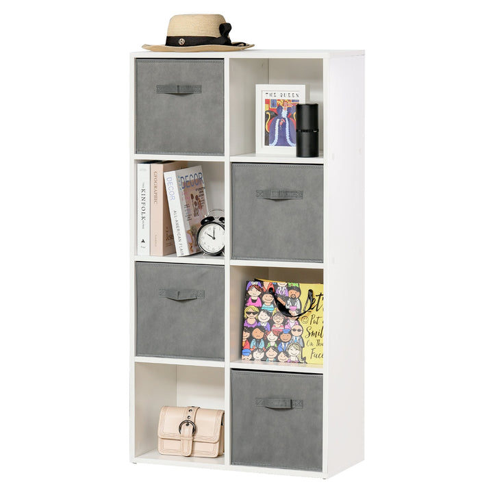 Estante para Livros de 8 Cubos Estante Modular com 4 Cestos Removíveis de TNT para Escritório Estúdio Dormitório 61,5x30x121,6cm Branco e Cinza