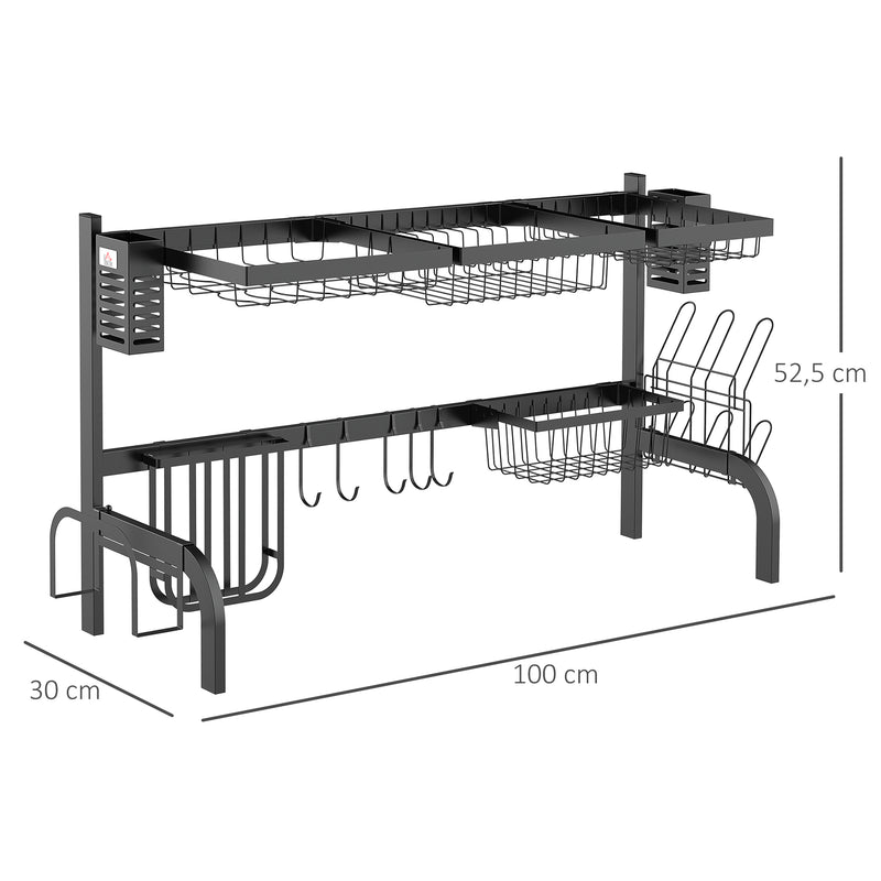 Escorredor de Louça de Aço Escorredor de Pratos de 2 Níveis com Prateleira para Pratos Suporte para Facas e Talheres 100x30x52,5cm Preto