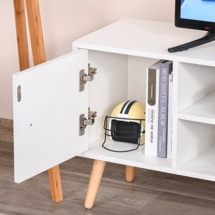 Armário de TV Grande armazenamento com armário prateleiras e gavetas abertas Carga 30 kg 120x28x44 cm Branco