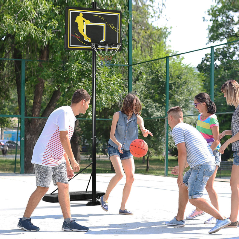 Cesta de Basquetebol com Rodas Altura Ajustável 230-305cm Cesta de Basquetebol com Suporte Tabela de PE e Base Recarregável para Exteriores 110x45x290-360cm Preto e Amarelo