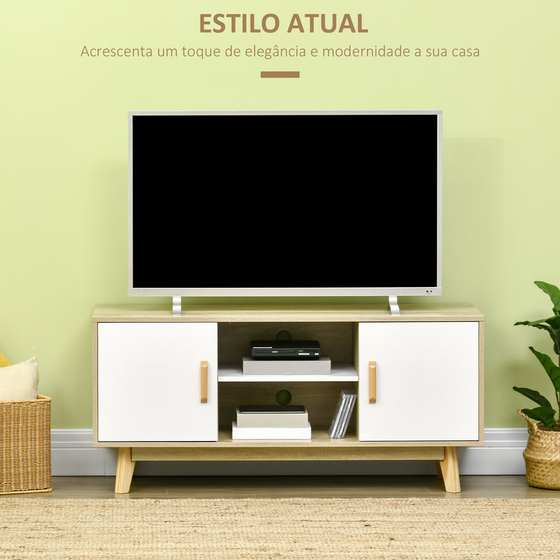 Móvel de TV para Televisores de até 55 Polegadas Móvel de TV Moderna com 2 Gavetas 2 Prateleiras Abertas e Prateleira Interior Ajustável para Dormitórios 120x40x55cm Madeira e Branco