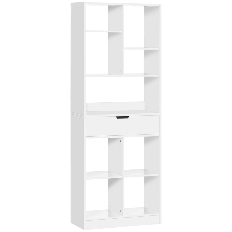 Estante de Madeira Estante para Livros com 1 Gaveta e 9 Compartimentos de Armazenamento Livraria para Sala de Estar Escritório Estúdio 60x26x158cm Branco