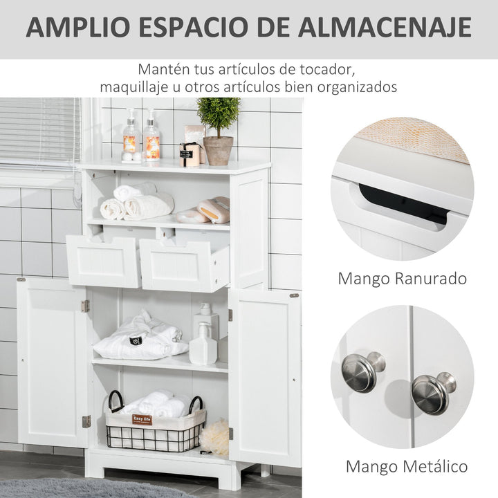 Armário de Casa de Banho com 2 Portas Prateleira Ajustável 2 Gavetas e Compartimento Aberto Móvel Auxiliar de Armazenamento para Sala de Estar Cozinha 60x30x108,8cm Branco