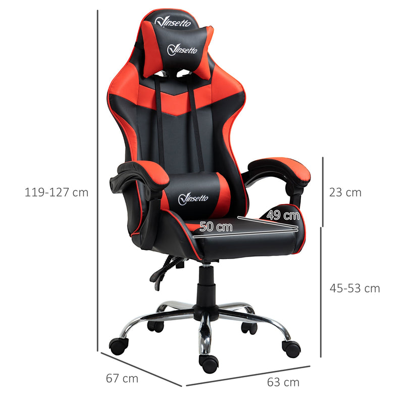 Cadeira Gaming Ergonômica Cadeira para Videojogos Reclinável com Altura Regulável Apoio para a Cabeça e Almofada Lombar 63x67x119-127cm Vermelho e Preto