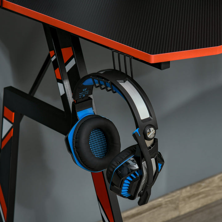 Mesa Gaming Ergonómica Secretária para Computador com Suporte para Monitor e Alto Falante Porta-Copos Gancho para Fones de Ouvido Fibra de Carbono 120x60x94,5 Preto
