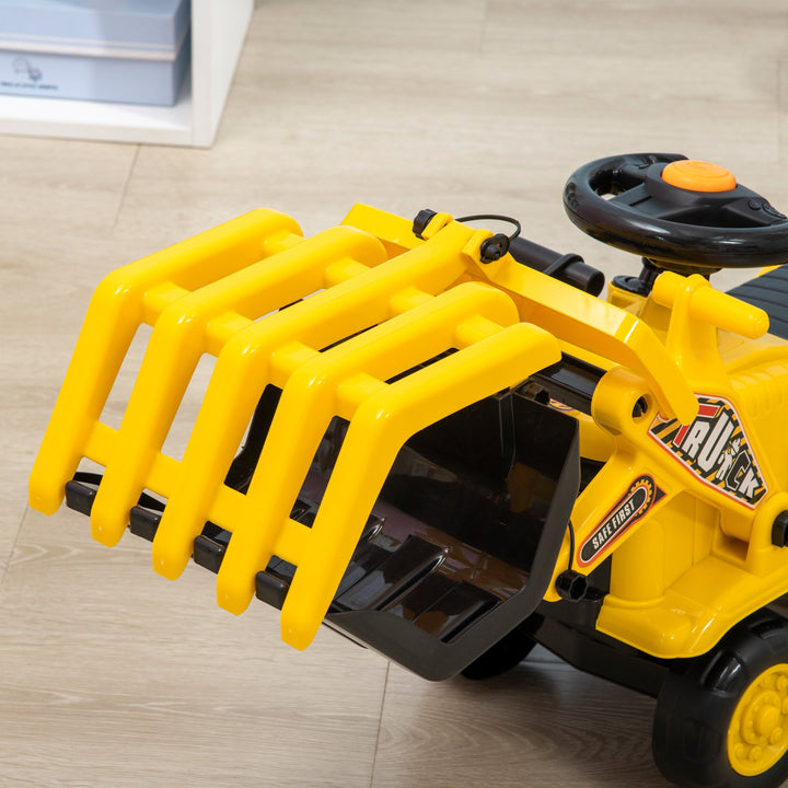 Carro Andador para Crianças acima de 3 Anos Escavadora Infantil com Pá Móvel Assento com Armazenamento Oculto e Buzina Carga Máxima 30kg 83x27x39cm Amarelo