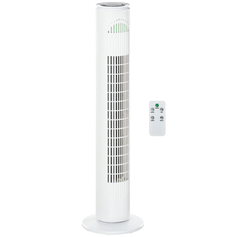 Ventoinha de Torre com Controlo Remoto ou Controlo Manual Temporizador de até 10h Oscilação 70° 3 Velocidades e 3 Modos 45W Ø22x77 cm Branco