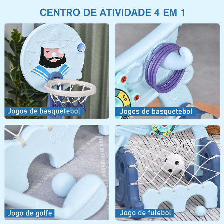Jogo de basquete 4 em 1 de altura regulável para crianças acima de 3 anos 58x56x154 cm Azul